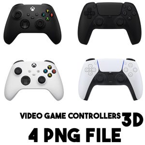 May include: Four video game controllers are displayed, two black and two white. The controllers have various button layouts and designs. The text "VIDEO GAME CONTROLLERS 3D" and "4 PNG FILE" is at the bottom of the image.
