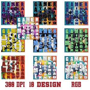 Puede incluir: Una colección de nueve diseños coloridos con temática de jugador. Cada diseño presenta la palabra "GAMER" en letras grandes y en bloque, junto con otro texto y un gráfico de mando de juego. Los diseños están en varios esquemas de color.