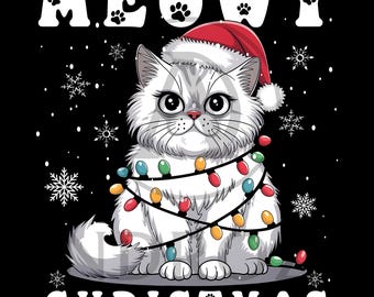 Meowy Christmas Cat PNG | Santa Hat, Holiday Lights (Digital Download)