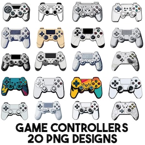 Puede incluir: Una colección de 20 diseños de mandos de juego en varios colores y estilos. Los mandos están dispuestos en una cuadrícula, con una variedad de diseños y distribuciones de botones. El texto "GAME CONTROLLERS 20 PNG DESIGNS" se muestra en la parte inferior.