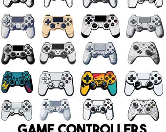 May include: A selection of 20 game controller designs in diverse colours and styles. The controllers are arranged in a grid, with a variety of button layouts and designs. The text "GAME CONTROLLERS 20 PNG DESIGNS" is displayed at the bottom.