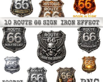 10 Route 66 Sign Iron Effect PNG Bundle, Vintage Metal Road Signs.