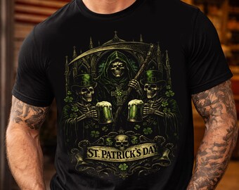 Gothic St Patrick’s Day PNG, Dark Grim Reaper Skull Design,Three Skeleton Leprechauns.