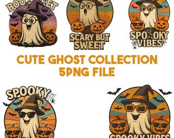 Retro Halloween Ghost Clipart Bundle: Spooky PNG Files (Digital Download)
