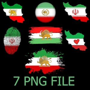Könnte beinhalten: Eine Sammlung von sieben PNG-Dateien mit Designs zum Thema Iran. Die Designs umfassen die iranische Flagge, ein Löwenemblem und die Karte des Iran. Das Farbschema ist rot, weiß und grün. Der Text "7 PNG FILE" steht unten.