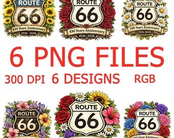 Route 66 PNG Bundle, 6 Vintage Floral Designs, 100 Years Anniversary 1926 2026,