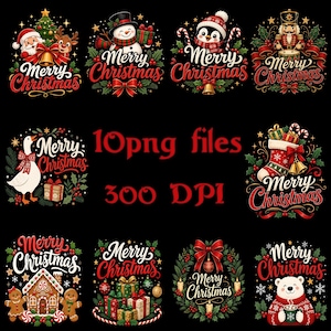 Könnte beinhalten: Eine Sammlung von zehn digitalen Weihnachtsgrafiken mit Weihnachtsmann, Schneemann, Pinguin, Nussknacker, Gans, Weihnachtsstrumpf, Lebkuchenhaus, Geschenken, Kranz und Eisbär, alle mit dem Text Merry Christmas und 10png files 300 DPI.
