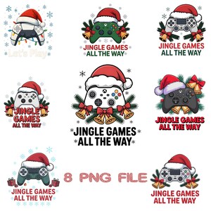 May include: A selection of festive controller designs, each featuring a Santa hat, bells, and bows. Text includes "Jingle Games All The Way" and "Let's Play". The image is a PNG file.
