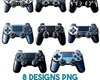 May include: Eight video game controllers in black and blue hues are displayed. Each controller has a directional pad, action buttons, and analogue sticks. The text "8 DESIGNS PNG VIDEO GAME CONTROLLERS" is visible at the bottom of the image.