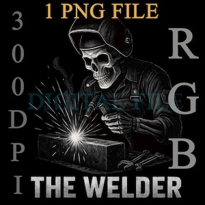 Puede incluir: Ilustración digital de un soldador esqueleto con un casco de soldadura, sosteniendo una antorcha y soldando un bloque de metal. La imagen incluye el texto "1 PNG FILE" y "I THE WELDER". La combinación de colores es blanco y negro.
