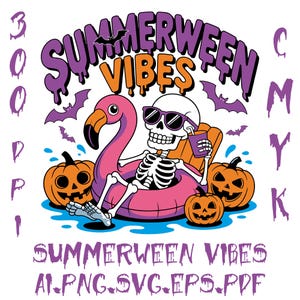 May include: A graphic illustration with the text "Summerween Vibes". A skeleton wearing sunglasses relaxes on a pink flamingo floatie, surrounded by jack-o'-lanterns and bats. The image is in a cartoon style.