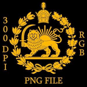 May include: A gold emblem on a black background featuring a lion holding a sword, a crown, and a sunburst. The emblem is surrounded by a laurel wreath and the text "300 DPI" and "PNG FILE". The letters "RGB" are also present.