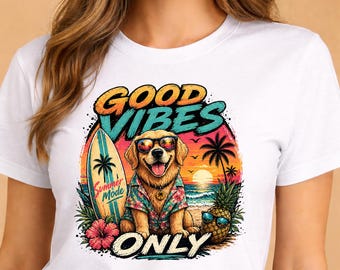 Summer Dog PNG,Beach Vibes Only Shirt Design,Golden Retriever Surf Graphic,Tropical Vacation