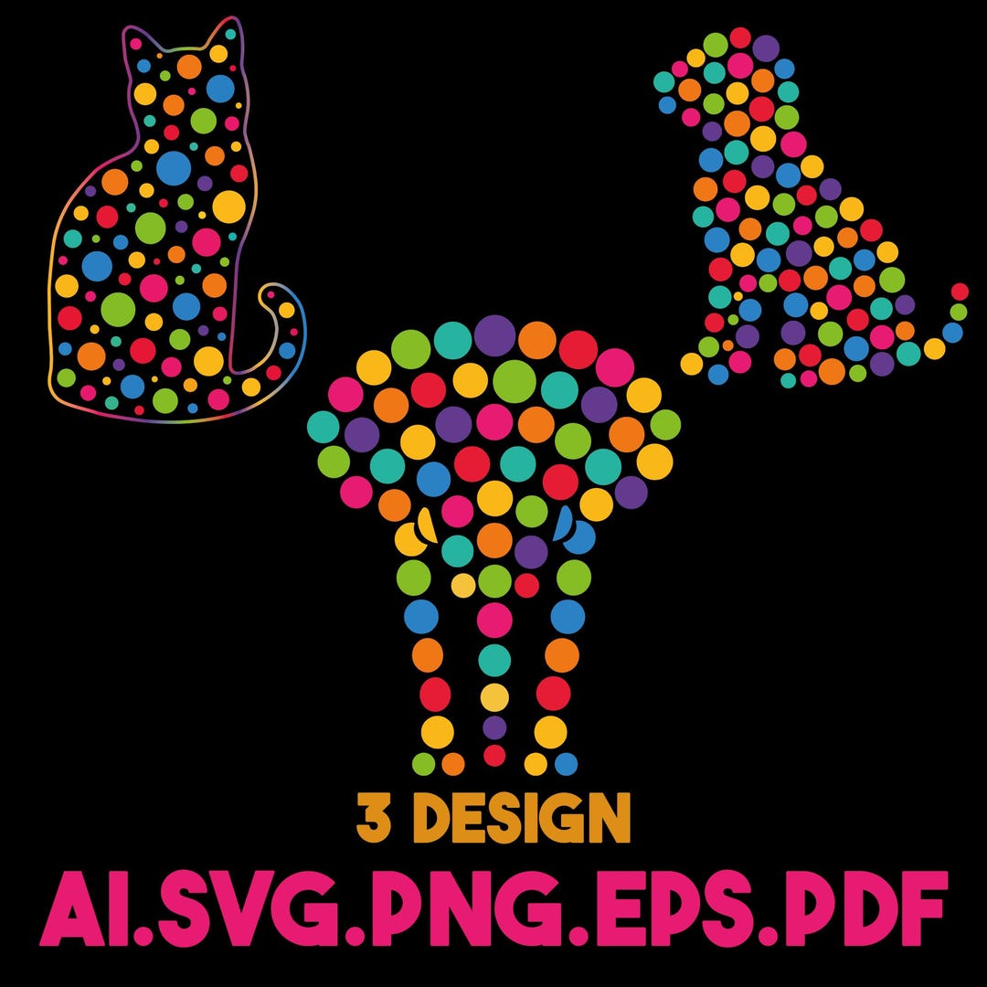 Rainbow Polka Dot Animal Silhouettes Cat, Dog, Elephant (digital