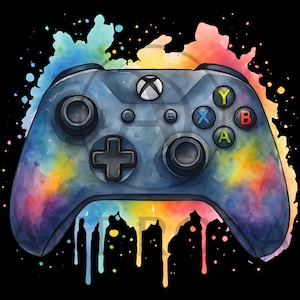 May include: A watercolour illustration of a blue Xbox controller with rainbow accents. The controller features the Xbox logo, directional pad, and coloured buttons. The background is black with colourful paint drips.