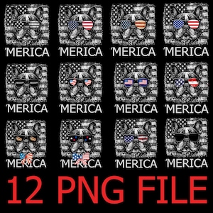 Puede incluir: Una colección digital de 12 archivos PNG con ilustraciones de bulldogs franceses que llevan gafas de sol con patrones de la bandera estadounidense, sobre un fondo de bandera desgastada con el texto 'MERICA' debajo de cada perro.
