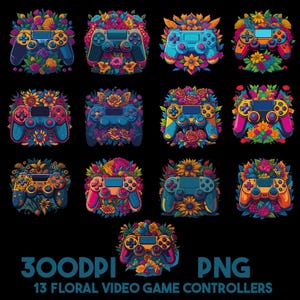 May include: A collection of 13 colorful video game controllers, each surrounded by a vibrant floral arrangement. The controllers feature various button and joystick designs, with a mix of bright colors. The image includes the text "300DPI PNG" and "13 Floral Video Game Controllers".