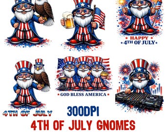 4th of July Gnome PNG Bundle, Patriotic Uncle Sam Sublimation Designs (6 Files)