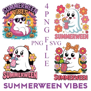Op de afbeelding: Vier PNG-bestandontwerpen met een Summerween-thema. De ontwerpen bevatten een cartoongeest met een zonnebril, een drankje en bloemen. De tekst "SUMMERWEEN VIBES" is opgenomen in de ontwerpen. Pompoenen en vleermuizen zijn ook inbegrepen.