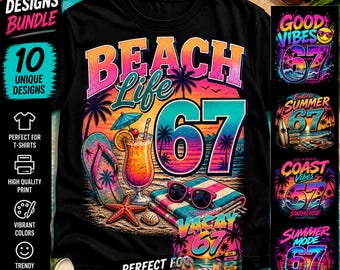 Summer 67 PNG Bundle, Beach Vibes Designs, Surf Club Retro Graphics, Tropical Summer Clipart.