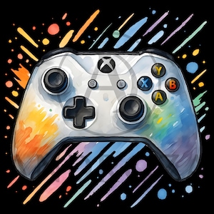 Puede incluir: Ilustración estilo acuarela de un mando Xbox blanco sobre fondo negro. El mando presenta detalles coloridos y el logotipo de Xbox. Los botones están etiquetados con las letras A, B, X e Y. El fondo tiene rayas y puntos de colores.