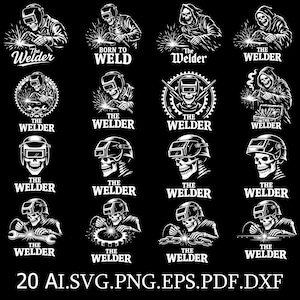 Puede incluir: Una colección de ilustraciones en blanco y negro con temática de soldador. Los diseños incluyen calaveras con cascos de soldadura, chispas y los textos "The Welder" y "Born to Weld". La imagen también incluye opciones de formato de archivo.