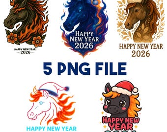 Pacchetto PNG di cavallo di fuoco per il nuovo anno 2026, arte lineare, cavallo, cappello di Babbo Natale, clipart di Natale