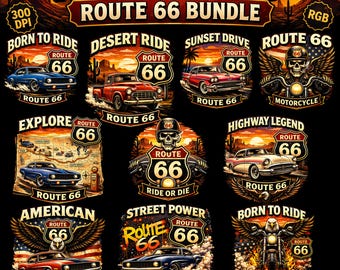 Route 66 PNG Bundle, Vintage Car Shirt Design, Retro Americana Graphic, Biker Skull PNG,