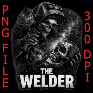 以下が含まれることがあります： 骸骨が頭蓋骨を溶接している白黒イラスト。骸骨は溶接ヘルメットと手袋を着用し、溶接トーチから火花が飛び散っています。「THE WELDER」の文字が白で表示されています。