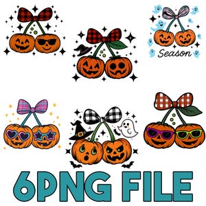 May include: A collection of Halloween-themed graphics featuring pairs of orange pumpkin-shaped cherries with various accessories. Each pair has a different bow and sunglasses. The text "6PNG FILE" is at the bottom.