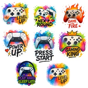 Op de afbeelding: Een verzameling kleurrijke digitale illustraties met gamecontrollers en verschillende zinnen. De controllers zijn afgebeeld met levendige aquareleffecten en tekst zoals "Level Up", "Next Round" en "Game On Fire".