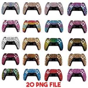 May include: A collection of twenty game controllers with various animal print designs, including leopard and cheetah patterns, in a variety of colors. The text "20 PNG FILE" is displayed at the bottom.