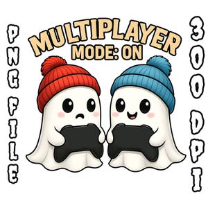 Pode incluir: Ilustração digital de dois fantasmas de desenho animado usando gorros vermelhos e azuis, cada um segurando um controle de jogo preto. O texto "MULTIPLAYER MODE: ON" está arqueado acima deles. A imagem também inclui o texto "PNG FILE" e "300 DPI".