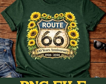 Vintage Route 66 Sunflower PNG, 100 Year Anniversary 1926 2026, Retro Americana Design,