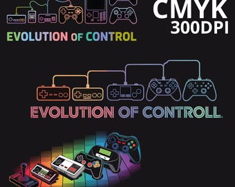 May include: A black graphic design showing the evolution of video game controllers. The image features various controllers connected by lines, with the text "EVOLUTION OF CONTROL" in multiple colours. The top right corner has the text "3 PNG FILE CMYK 300DPI".