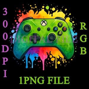 Watercolor Game Controller Clipart | Green Gamepad with Rainbow Paint Splashes PNG | Gamer Sublimation Design 300DPI