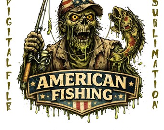 American Fishing PNG, Funny Zombie Fisherman Design, Patriotic Fishing Shirt Graphic, USA Flag