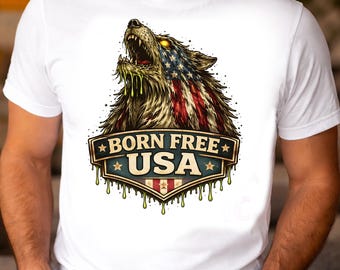Born Free USA Wolf PNG, Patriotic American Flag Graphic (Sublimation Download)