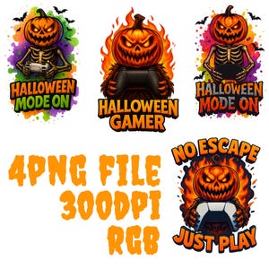 Op de afbeelding: Digitale kunst met Halloween-thema's. De afbeeldingen tonen pompoenen met gamecontrollers, omringd door vlammen en vleermuizen. Tekst bevat "Halloween Mode On", "Halloween Gamer" en "No Escape Just Play."