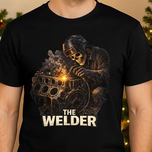 Peut inclure: T-shirt noir avec une illustration détaillée d'un squelette soudant un bloc moteur. Le squelette porte un casque de soudage et des gants, avec des étincelles et des effets de fumée. Le texte "THE WELDER" est imprimé en blanc en dessous.