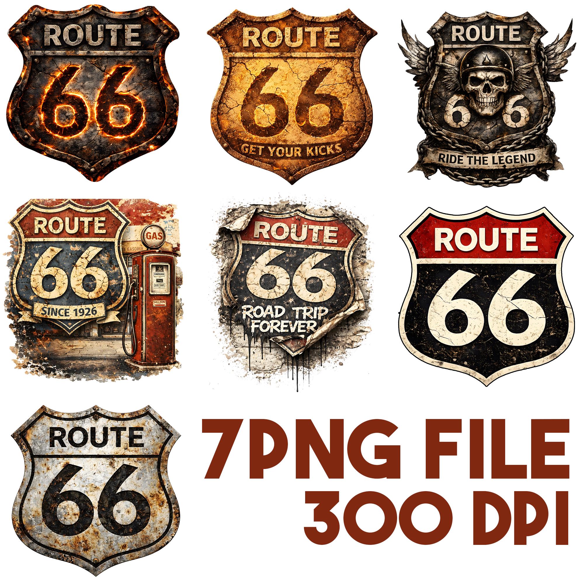 Route 66 PNG Bundle Vintage Signs, Rusty Metal Shield, Road Trip