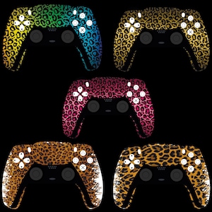 May include: Five game controllers with leopard print designs in various colors: yellow and green, blue and green, gold, pink, and brown. Each controller has white buttons and a black body, set against a black background.