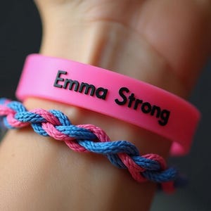 Könnte beinhalten: Nahaufnahme von zwei Armbändern. Das obere Armband ist ein leuchtend rosa Silikonband mit den schwarzen Worten "Emma Strong". Das untere Armband ist mit rosa und blauen Fäden geflochten.