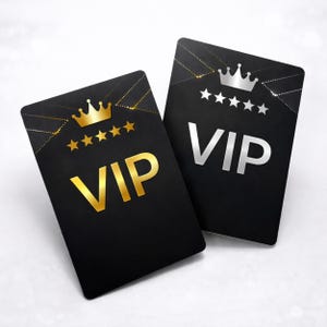 May include: Two rectangular black cards featuring the text VIP in large capital letters. One card displays a gold crown and five gold stars, while the other card features a silver crown and five silver stars. Both cards have geometric gold lines.
