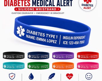 Personalized Diabetes Medical Alert Silicone Wristband, Custom Engraved Emergency ID Bracelet with Medical Information