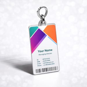 May include: A rectangular identification badge with a silver metal ring attachment. The design features geometric shapes in orange, purple, and teal on a white background. Text includes Your Name, Managing Director, ID, DOB, Email, Phone, and a barcode.