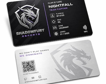 Custom Metal Gaming Clan ID Card | Full Color | Esports Team Player Badge | Personalized Name Role | Black Silver | Streamer NFC Option