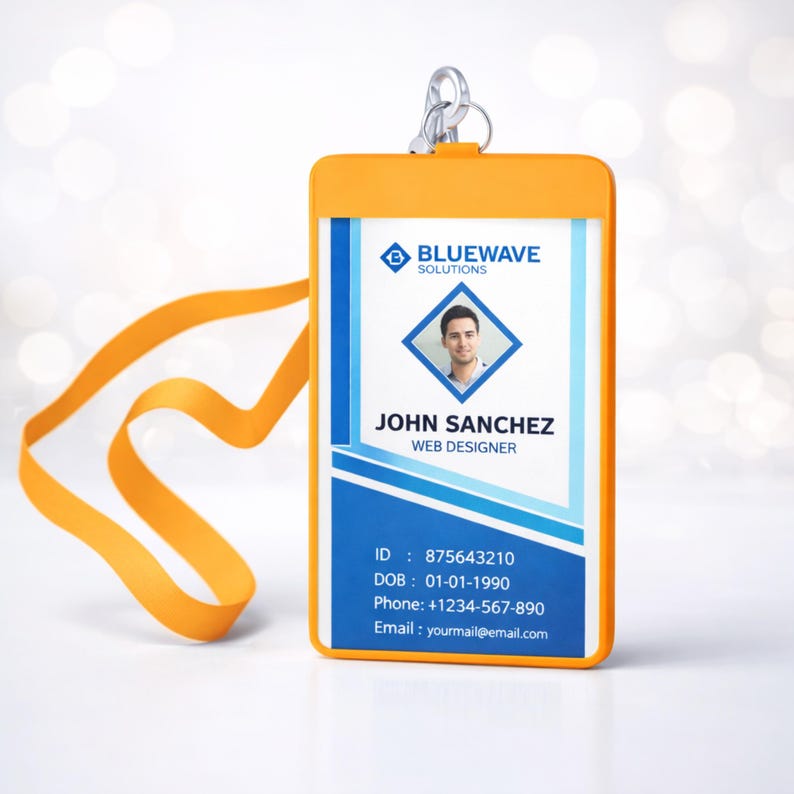 May include: An orange plastic ID badge holder with a matching orange lanyard and metal clip. The card features the BlueWave Solutions logo, a photograph of a person, the name John Sanchez, the title Web Designer, and contact information.