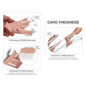 May include: A comparison chart titled CARD THICKNESS showing three business card options with specific measurements. The cards feature a tan and white design with a circular photo, the name Ava Isabella, and a barcode. Thicknesses are 0.76 mm, 0.9 mm, and 1 mm.