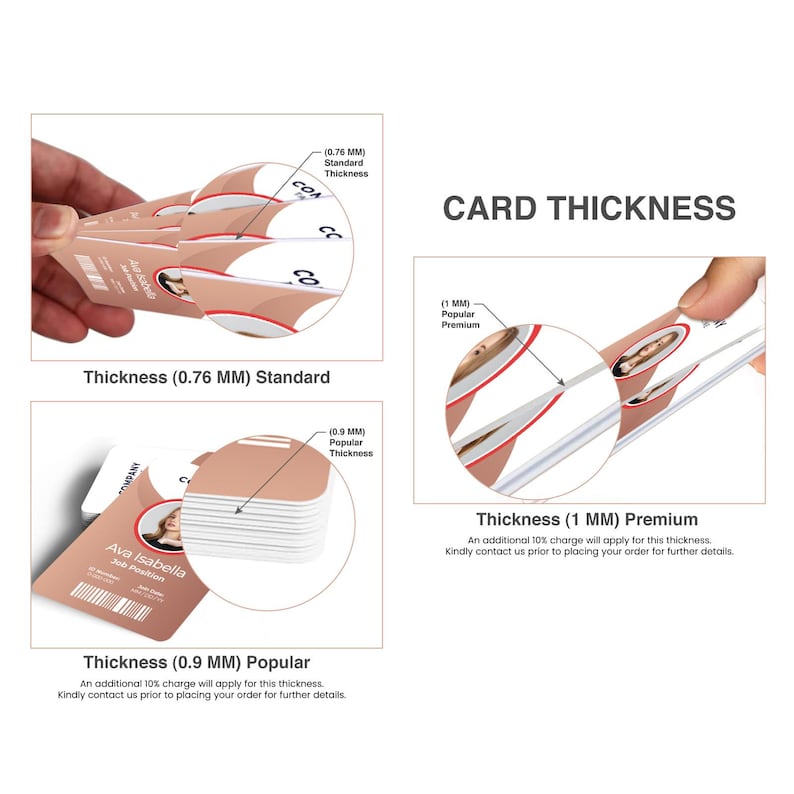 May include: A comparison chart titled CARD THICKNESS showing three business card options with specific measurements. The cards feature a tan and white design with a circular photo, the name Ava Isabella, and a barcode. Thicknesses are 0.76 mm, 0.9 mm, and 1 mm.